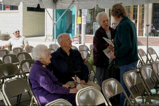 Hazel Kundert, Joe Tiffany and Alice Woelffer in the music tent.